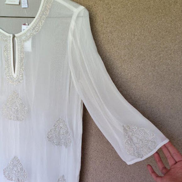 CHICOS | NWT Sheer Cream Metallic Silver Embroidered Blouse Holiday Party L - Picture 6 of 13